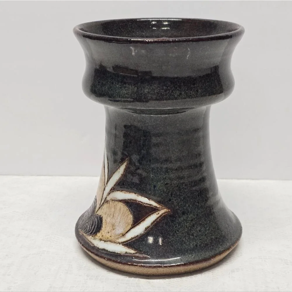Vintage 80s Scandinavian Stoneware Pottery Floral Vase Blue Brown Signed Rustic - Picture 6 of 12